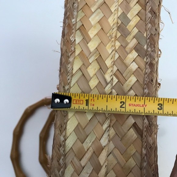 Handmade Woven Straw Bag Floral Lining Bamboo Look Handles Satchel - Picture 10 of 12